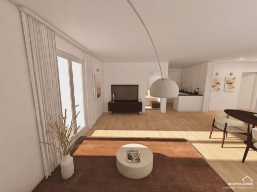Heller, moderner Wohnraum mit Holzfußboden, Sofa, Esstisch und dekorativen Elementen.