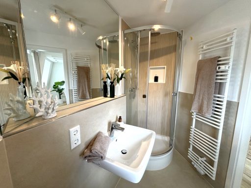 Modernes Badezimmer mit Dusche, Waschbecken und dekorativen Pflanzen.