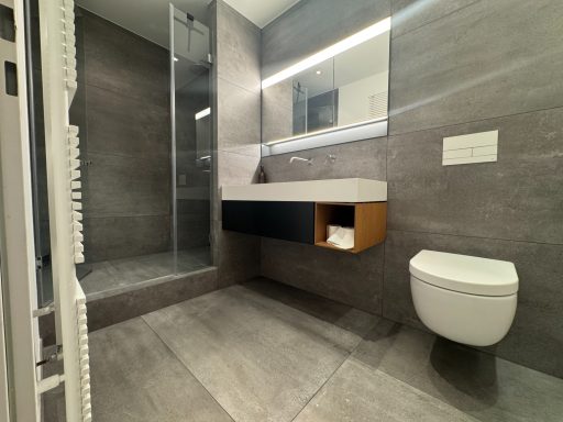 Modernes Badezimmer mit Dusche, Wandtoilette und Waschbecken mit Stauraum.