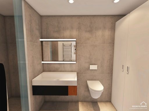Modernes Badezimmer mit Dusche, Wandspiegel und minimalistischem Waschbecken sowie WC.