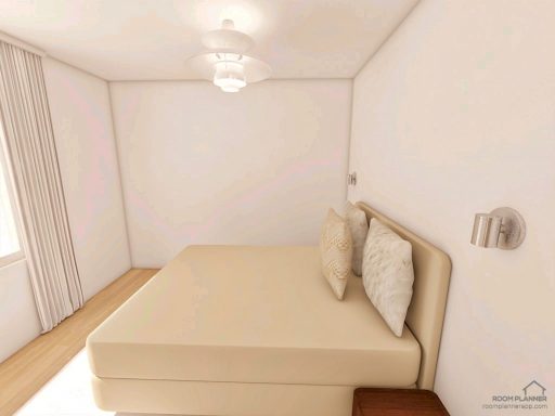 Helles Schlafzimmer mit einem Bett, weißen Wänden und Vorhängen.