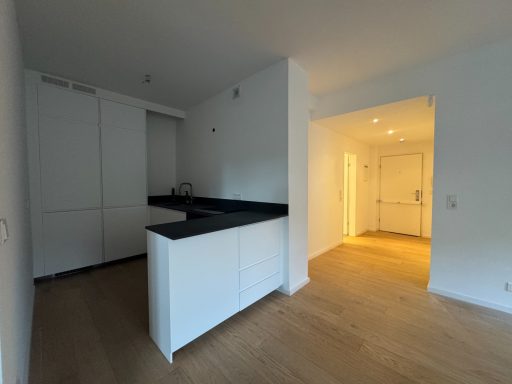 Helle Wohnung mit moderner Küche, hellen Wänden und einem Eingang zu einem weiteren Raum.