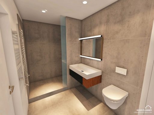 Modernes Badezimmer mit Dusche, Waschbecken, Spiegel und WC in neutralen Farben.